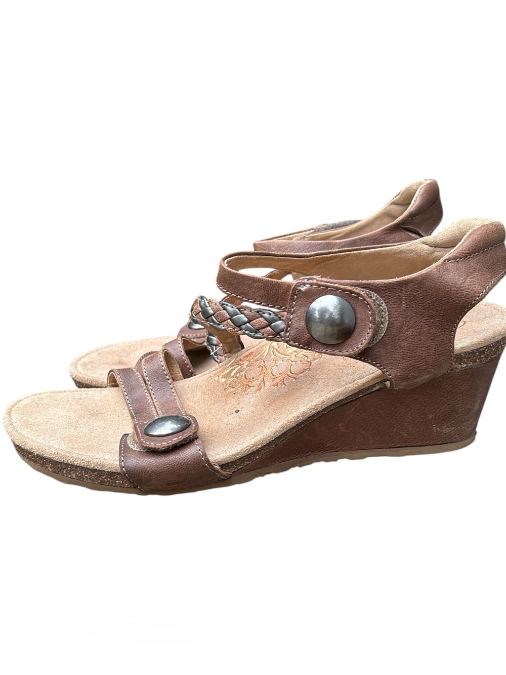 Aetrex Naya Braided Quarter Strap  Brown Wedge Comfort Sandals